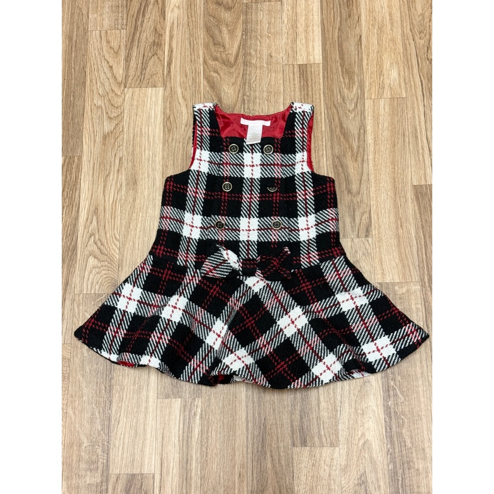 Janie and Jack Girls Red Black White Plaid Tweed Wool Blend Dress 12-18 Months